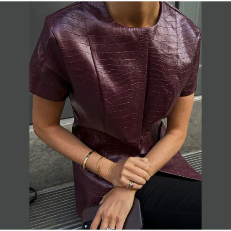 Vintage PU Leather O-neck Shirts Women Casual Loose Solid Short Sleeve Single Breasted Shirt Female Spring Chic High Street Tops
