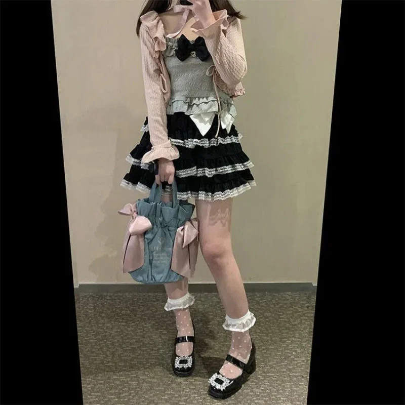 Japanese Style Sweet Summer New Women's Patchwork Lace Contrast Color Folds Elastic High Waisted Above Knee Mini A-line Skirts