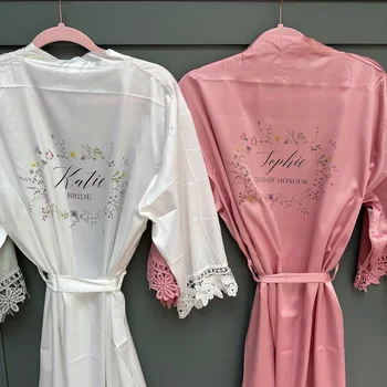 Watercolor Floral Wreath Bridesmaid Robes Bride Gift Personalized Satin Lace Robe Bride Dressing Gown Bridal Party Wedding Robe