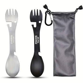 PSKOOK Outdoor Survival Tools 5 in 1 Camping Multi-functional EDC Kit Practical Fork Knife Spoon Bottle/Can Opener