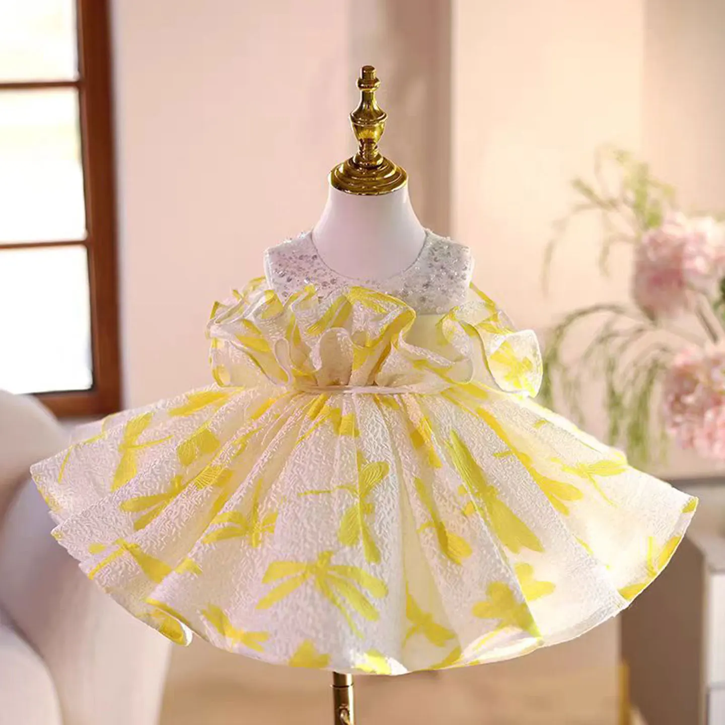 Dreamy Vow J484 Vibrant Yellow Girl Dress Ruffles with Metallic Sequins Sleeveless Kid's Birthday Party Spring and Summer Prom