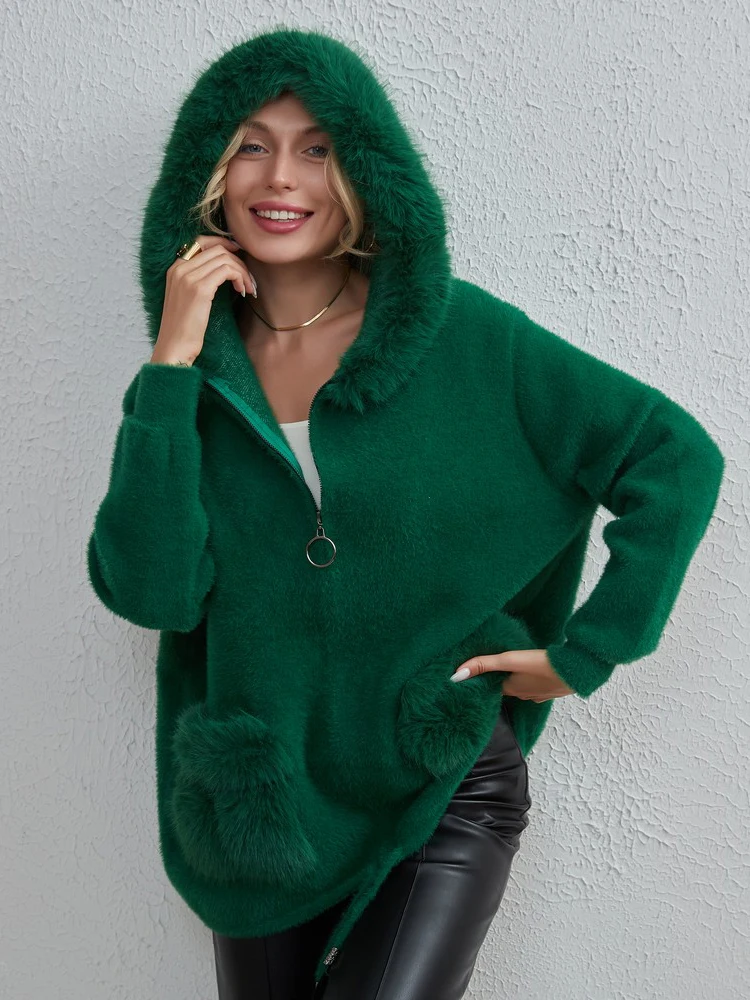 

Wixra Women Faux Fur Hooded Coat Full Sleeve Fashion Knitted Outwear 2023 Femme Clothing Autumn Winter Hot