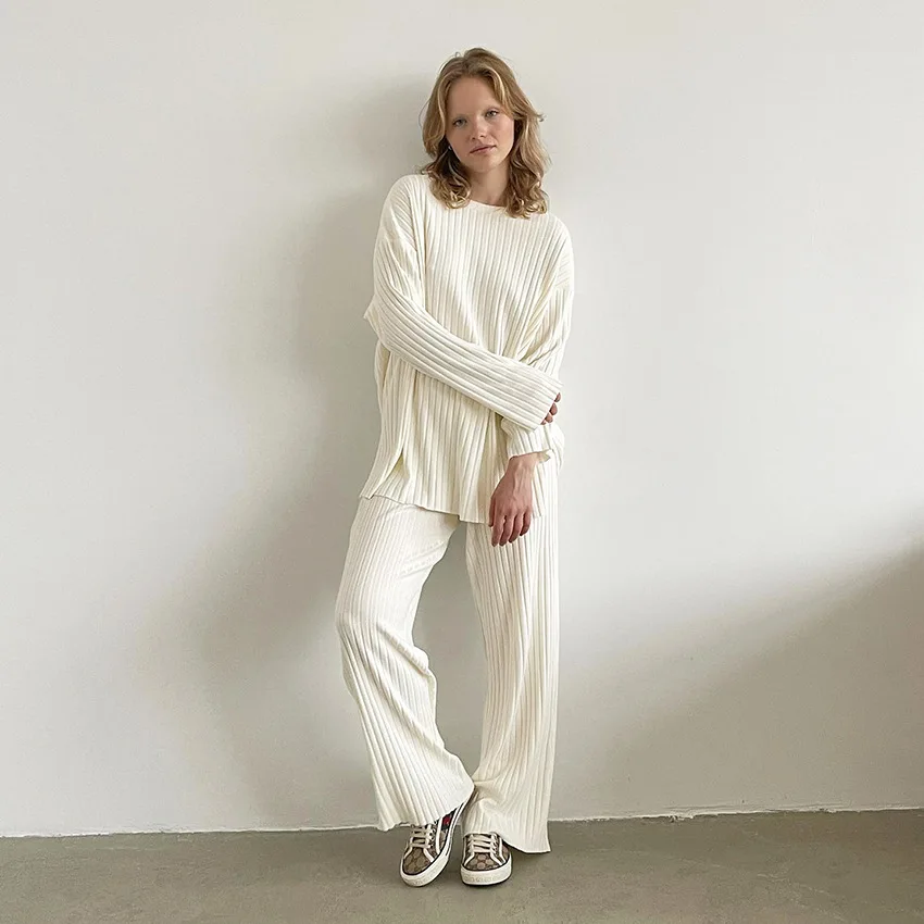 

Женская трикотажная пижама в рубчик NHKDSASA, комплект из 2 предметов, абрикосовая пижама с длинным рукавом и круглым вырезом, женские свободные брюки, костюмы на осень