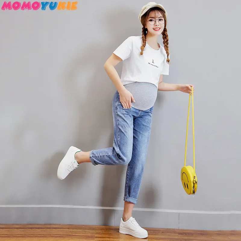 Vintgae Washed Denim Maternity Jeans for Pregnant Women Clothes Elastic Waist Belly Loose Pants Pregnancy Gravidas Clothing women pants denim trousers maternity pants
