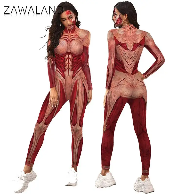 Cosplay Costume-Zawaland Halloween 3D Printing Body Muscle Jumpsuits for Adult Skeleton Performance