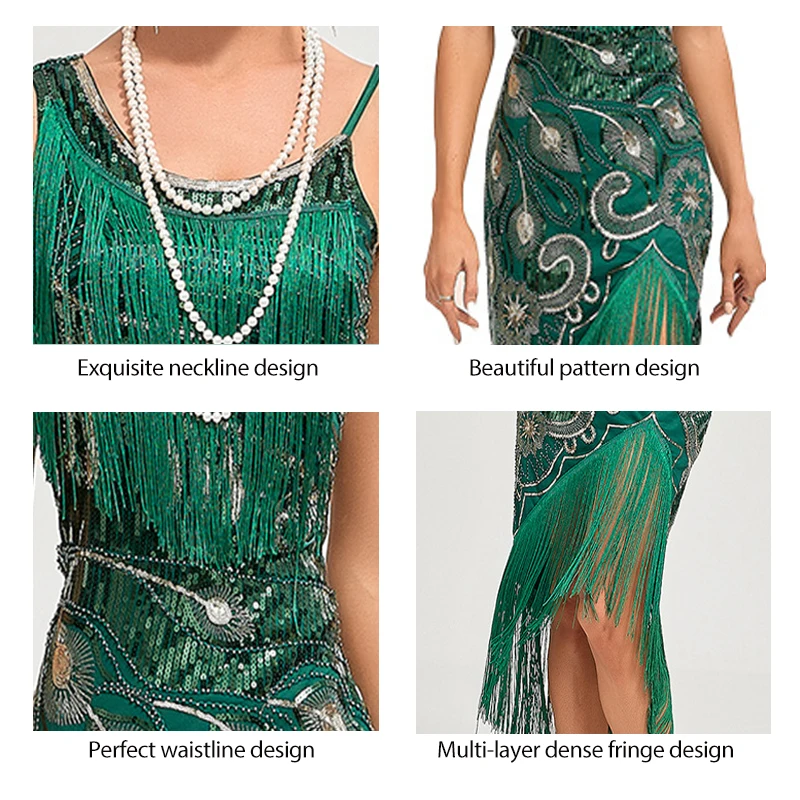 1920s Vintage Great Gatsby Party Flapper Dress Sleeveless Sequins Tassel Dresses Cocktail Prom Size XS-3XL Long Skirt