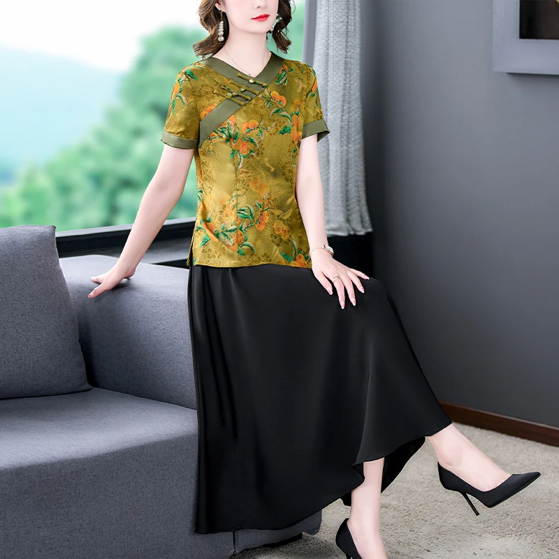 2024 Chinese Short Sleeve Casual Two Pieces Dress Sets Summer Luxury Floral Silk Loose Sets Women Elegant Vintage Party Suits