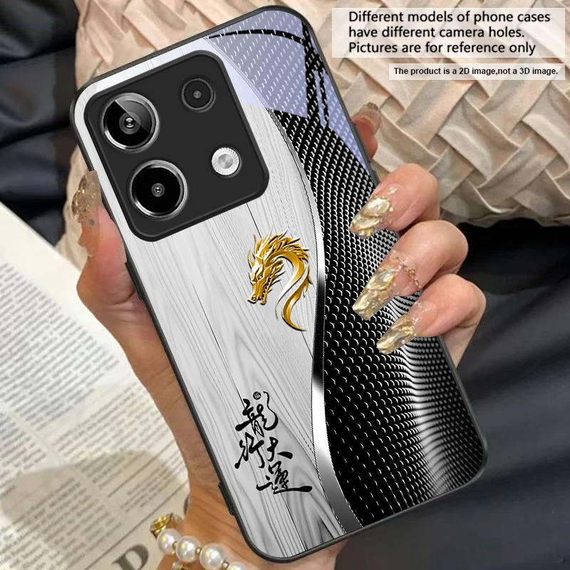 Elegant Black Tempered Glass Phone Case with Traditional Dragon Totem Design