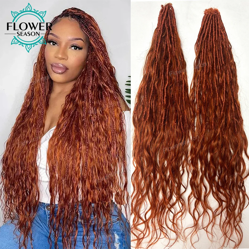#350 Ginger Crochet Boho Locs With Human Hair Curls Body Wave Orange Colored Pre Looped Crochet Locs Hair Extensions for Women