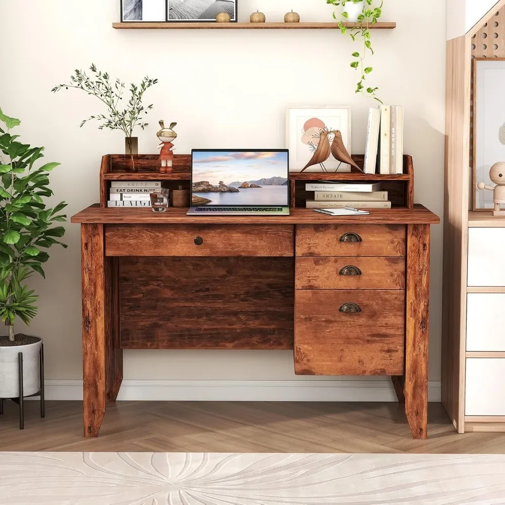 48" Computer Desk with 4 Storage Drawers，Hutch for PC Laptop Table，3 Storage Cabinets，Wood Executive Table