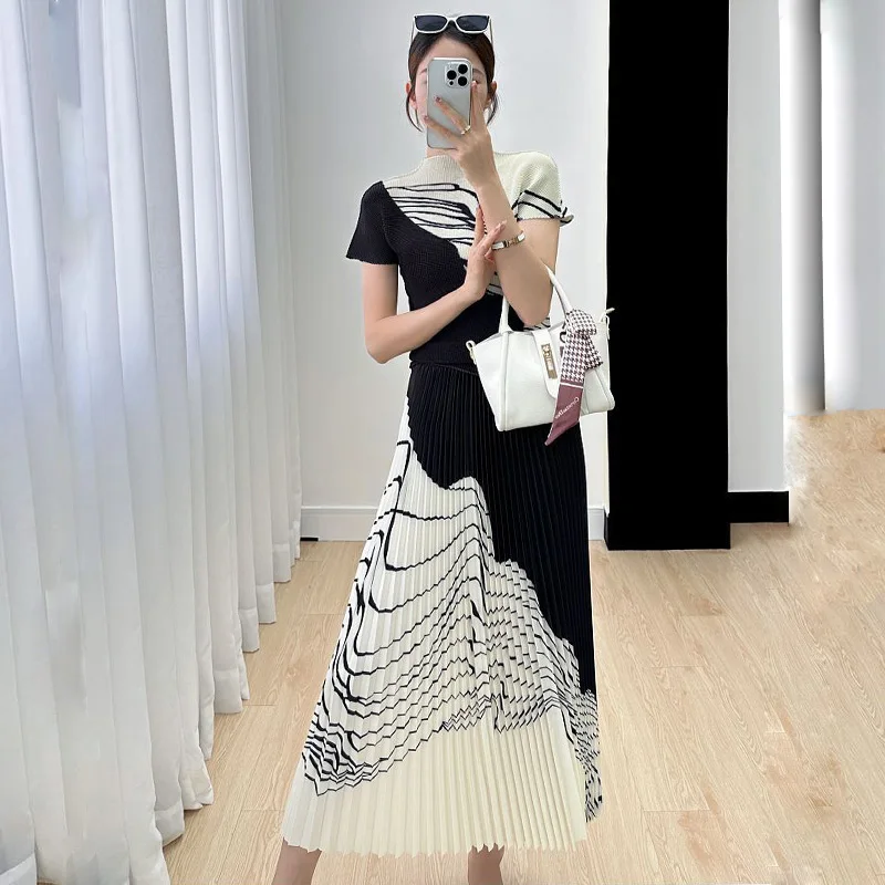 Summer Fashion Set Women's Elegant Short Sleeved Printed T-shirt Medium Length Wrinkled Half Skirt Two Piece Set Dress Sets