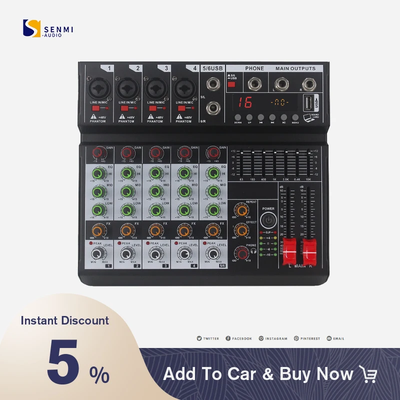 

New Protable 6 Channel Audio Mixer Professional With 48v Phantom Power Usb Interface Support Bluetooth For Voice Recording