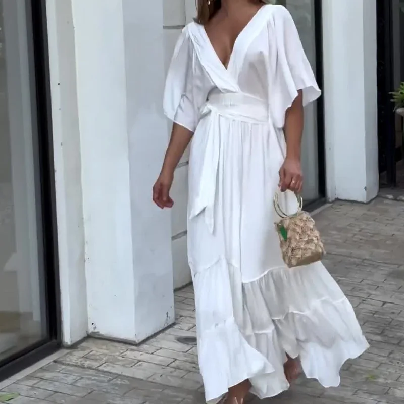 

Sexy Deep V Lace Up Waist Party Dress 2024 New Spring Batwing Sleeve Loose Dress Lady Fashion Hollow Backless Holiday Long Dress