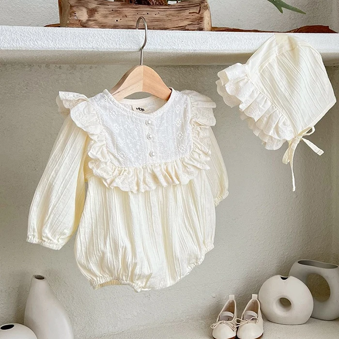 Herbst Baby Kleidung Kleinkind Baby Mädchen Romper + Hut Rüschen Kleidung Langarm Baumwolle Spleißen Frühling Infant Baby Mädchen Overall – Detail 5