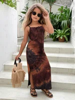 Robe longue marron tie-dye pour filles, bretelles spaghetti, détail nœud, fente latérale, robe de plage pour vacances d'été 1