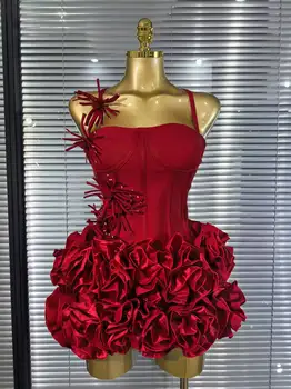 Red Black Women Sexy Halter Full Florals 2 Pieces Bodycon Mini Bandage Dress Celebrate Nightclub Party Birthday Outfit 1