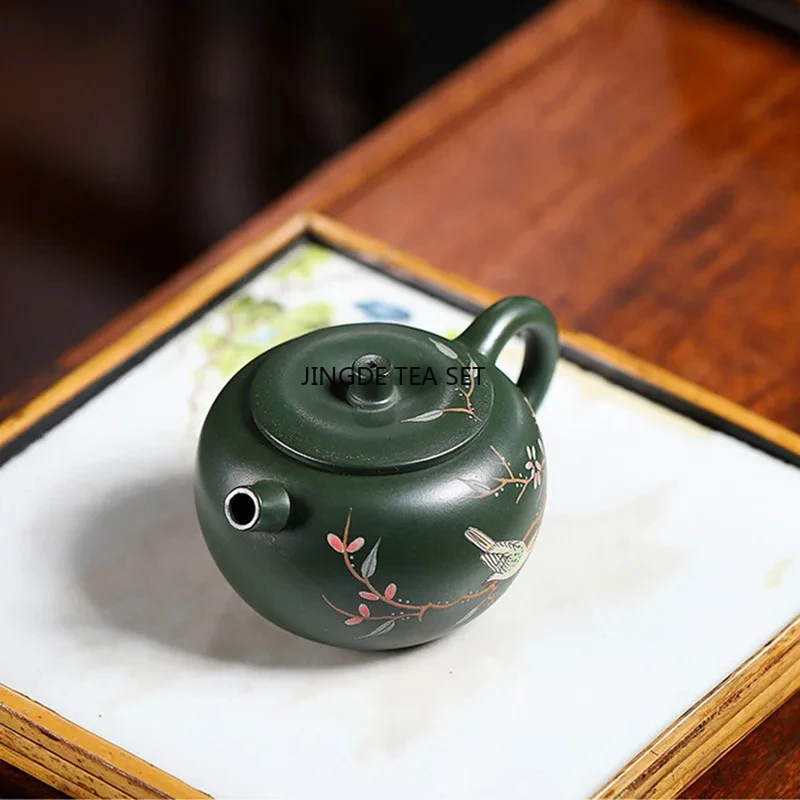 140ml Yixing purple clay teapot handmade flower and bird pot raw mineral green clay Chinese Kung Fu tea set