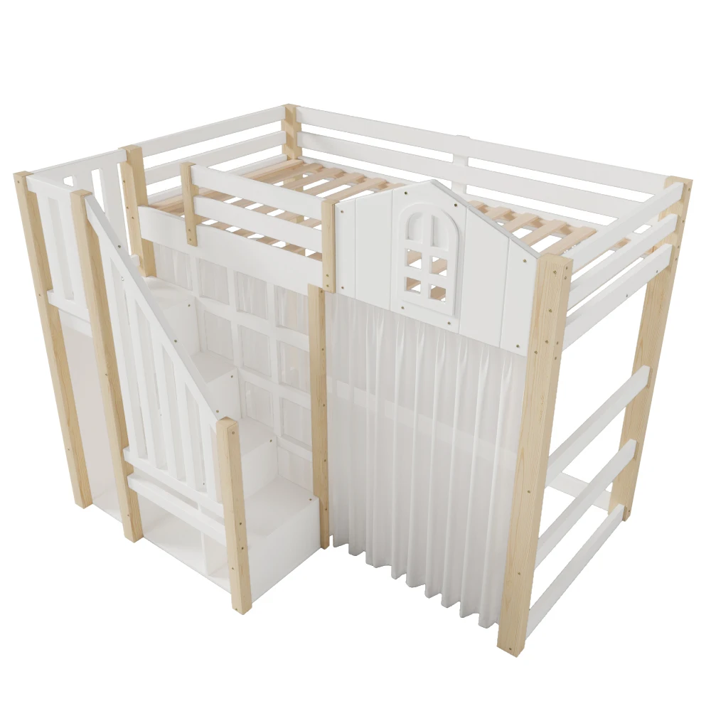 90x200cm Kinderzimmer-Hochbett, mit LED-Leuchten und Gaze, Fensterform, offenes Aufbewahrungsfach, Weiß + Natur (ohne Matratze) – Detail 17