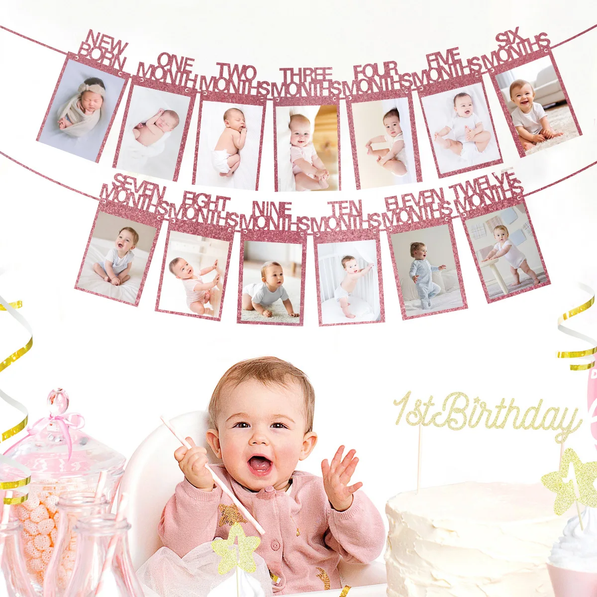 Newborn 13 Photo Frames Banner Glitter Paper Rose Gold ONE Love Photo Frame Banner One 1st Happy Baby Girl Birthday party Decor,party decorations,birthday banner