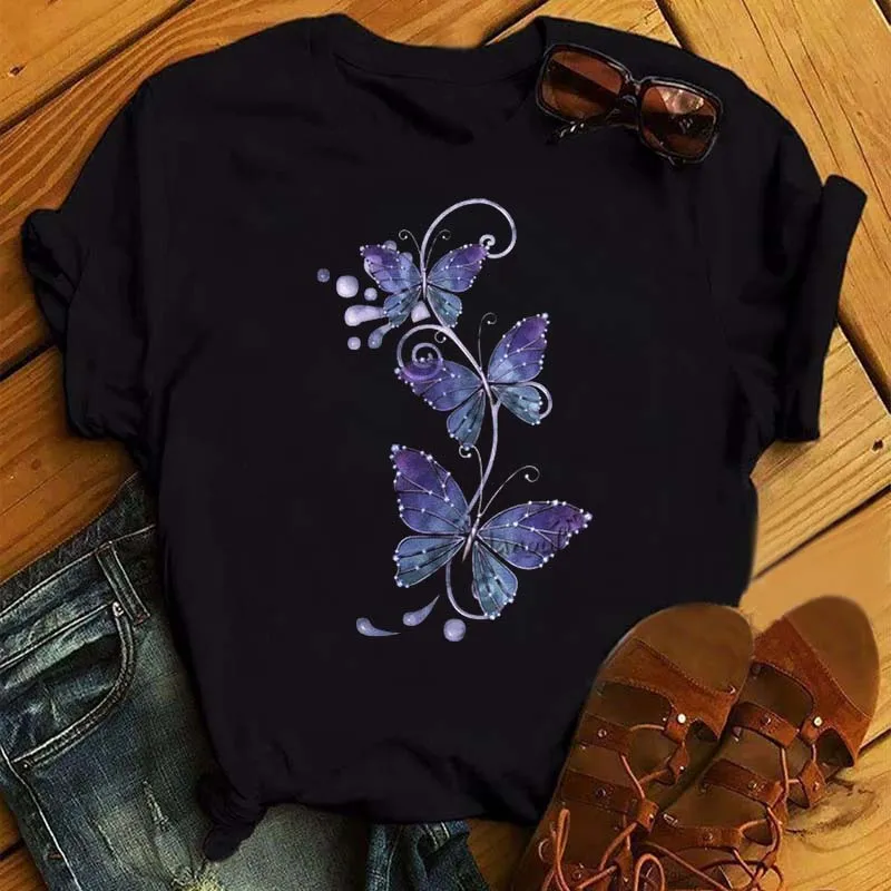 Camiseta Con Estampado De Flores Y Mariposas Para Mujer, Camiseta Formal De Manga Corta, Ropa Para Mujer, Camiseta Estampada