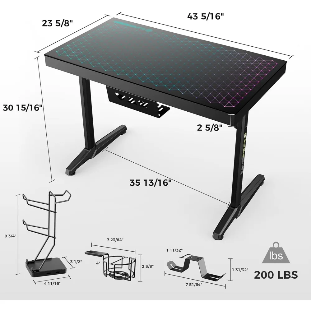 LED Gaming Desk, Music Sync Lights Up Tempered Glass Desktop, 43" Office Computer Table W Controller Rack 4 USB Charging Ports 4