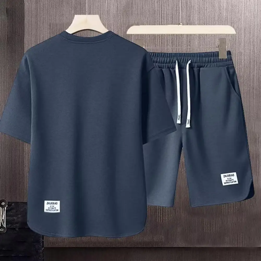 

Men Sportswear Set Drawstring Waist Top Shorts Set Men's Retro Sportswear Set Loose Solid Color T-shirt Shorts with for Sports