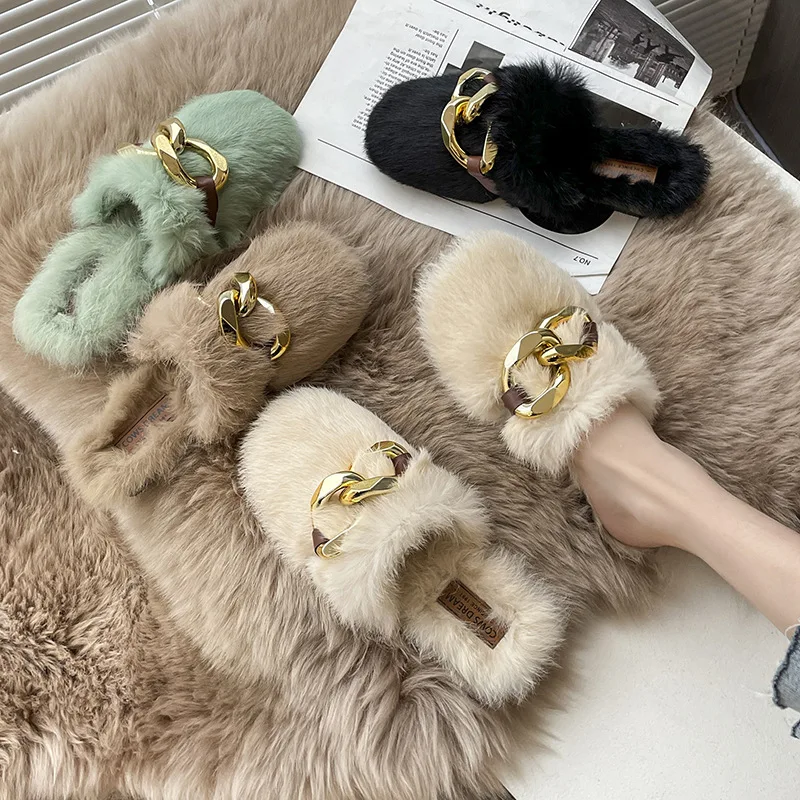 

Шлепанцы женские на плоской подошве, меховые сланцы, низкие заклепки, модные плюшевые, роскошные мягкие, из 2023 ткани, на каблуке-копытке, зимние Тапочки