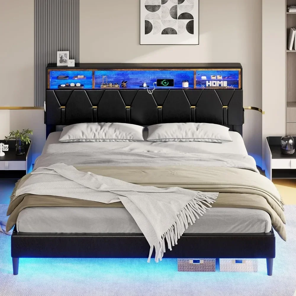 

King Size Bed Frame with LED Lights and Headboard Storage, LED Bed Frame King Size with Charging Station, Upholstered Bed Frame