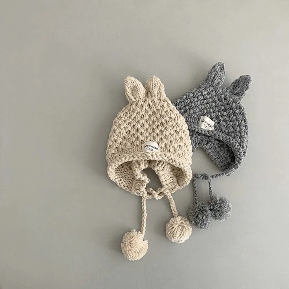 Fashion Solid Color Baby Crochet Hat Soft Warm Rabbit Ear Hand Knitted Cap Outdoor Autumn Winter Ear Protection Cap Toddler
