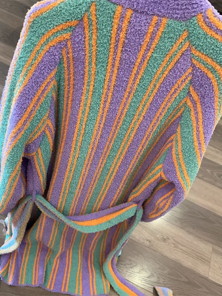 Coral Fleece Contrast Color Striped Robes Lace Up Long Sleeved Cute Nightgown Loose Bathrobe Soft Home Clothing Purple
