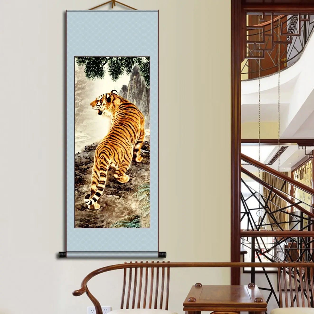 

Chinese style landscape decoration ink painting with tiger howling down the mountain and hanging on the wall