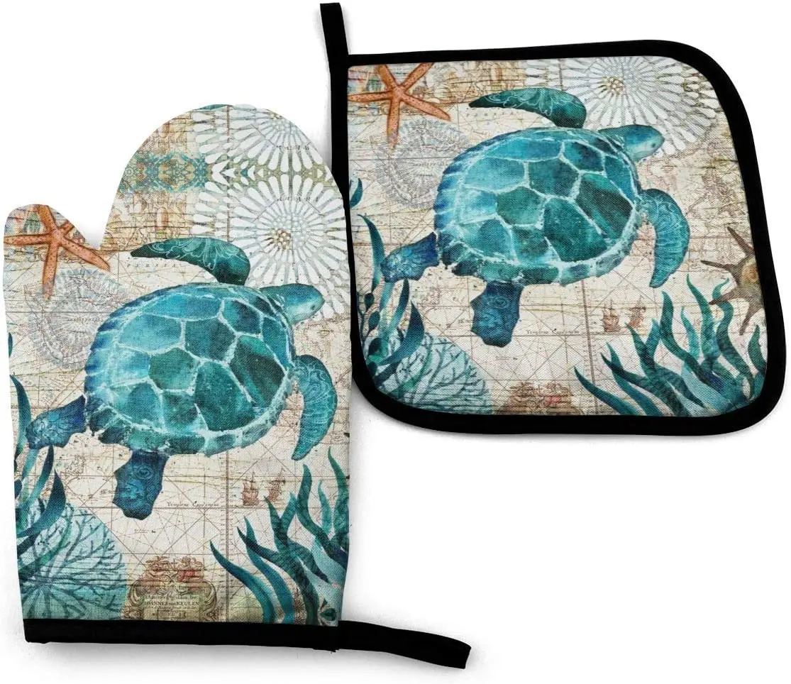 

Marine Life Theme Sea Turtle Heat Resistant Hot Oven Mitts & Pot Holders Oven Gloves for BBQ Cooking Baking Grilling