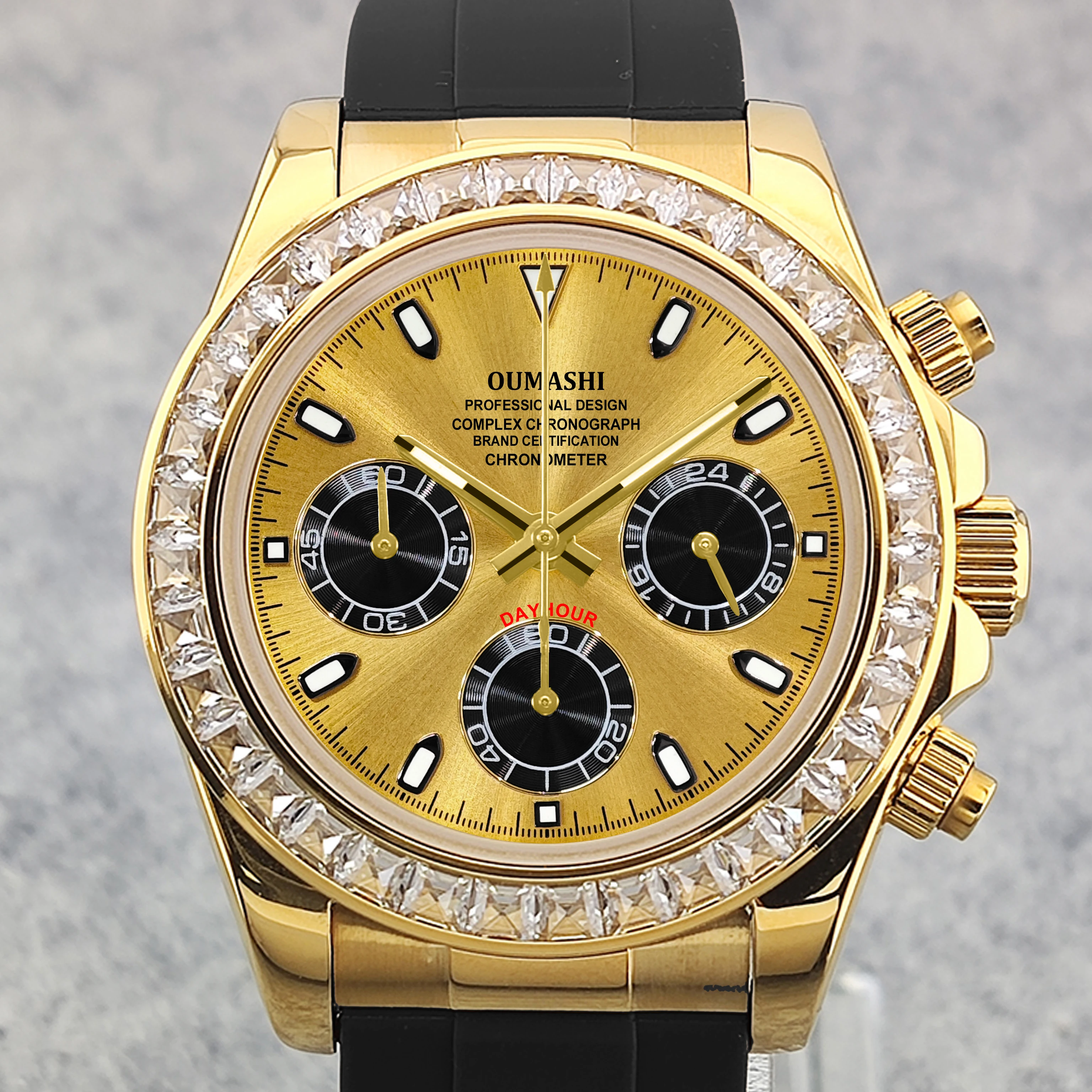 OUMASHI 42mm Diamond Gold Men's Chronograph Watch VK63