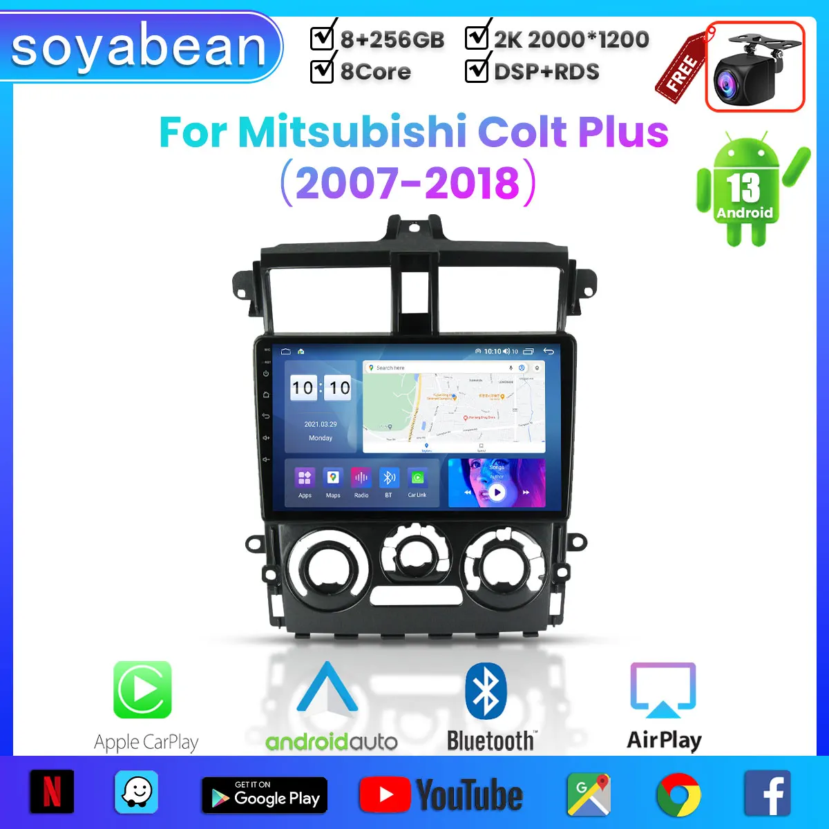 

Автомобильный радиоприемник Android 13 для Mitsubishi Colt Plus 2007-2018, 9 дюймов 2K мультимедийный плеер с 4G Car Carplay и 2Din GPS