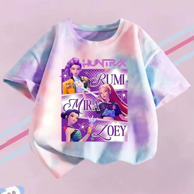 KPop Demon Hunters T-shirt Children Purple Tie-dye Top Girls O Collar Clothing Short Sleeve Tee Kids Summer/Autumn Clothes Gift