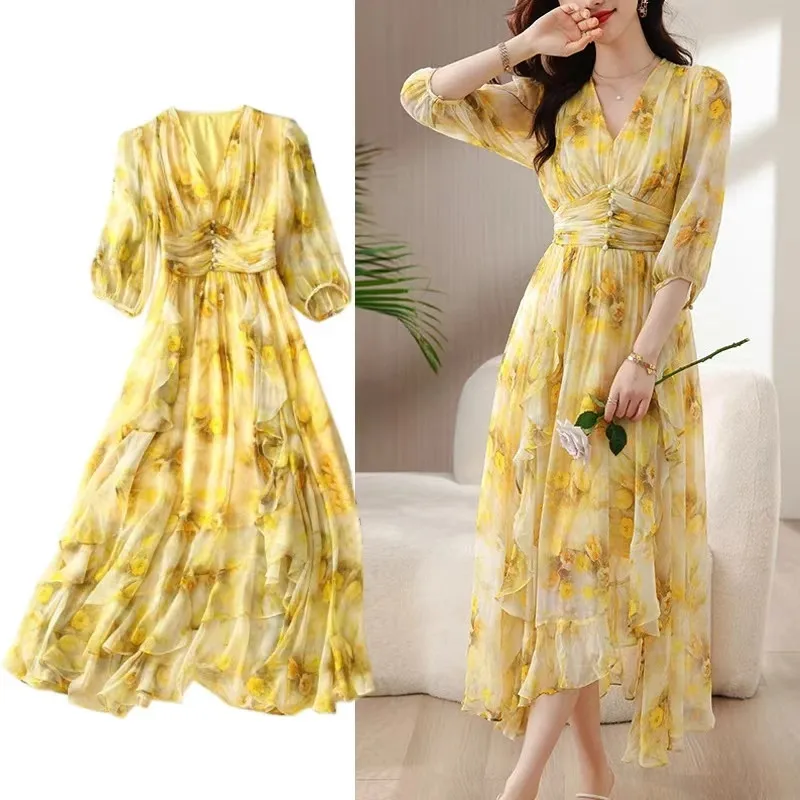 

New Women Floral Print Flowy Chiffon V Neck Half Sleeve Midi Long Summer Stylish Casual Boho Street France Chic Vestidos
