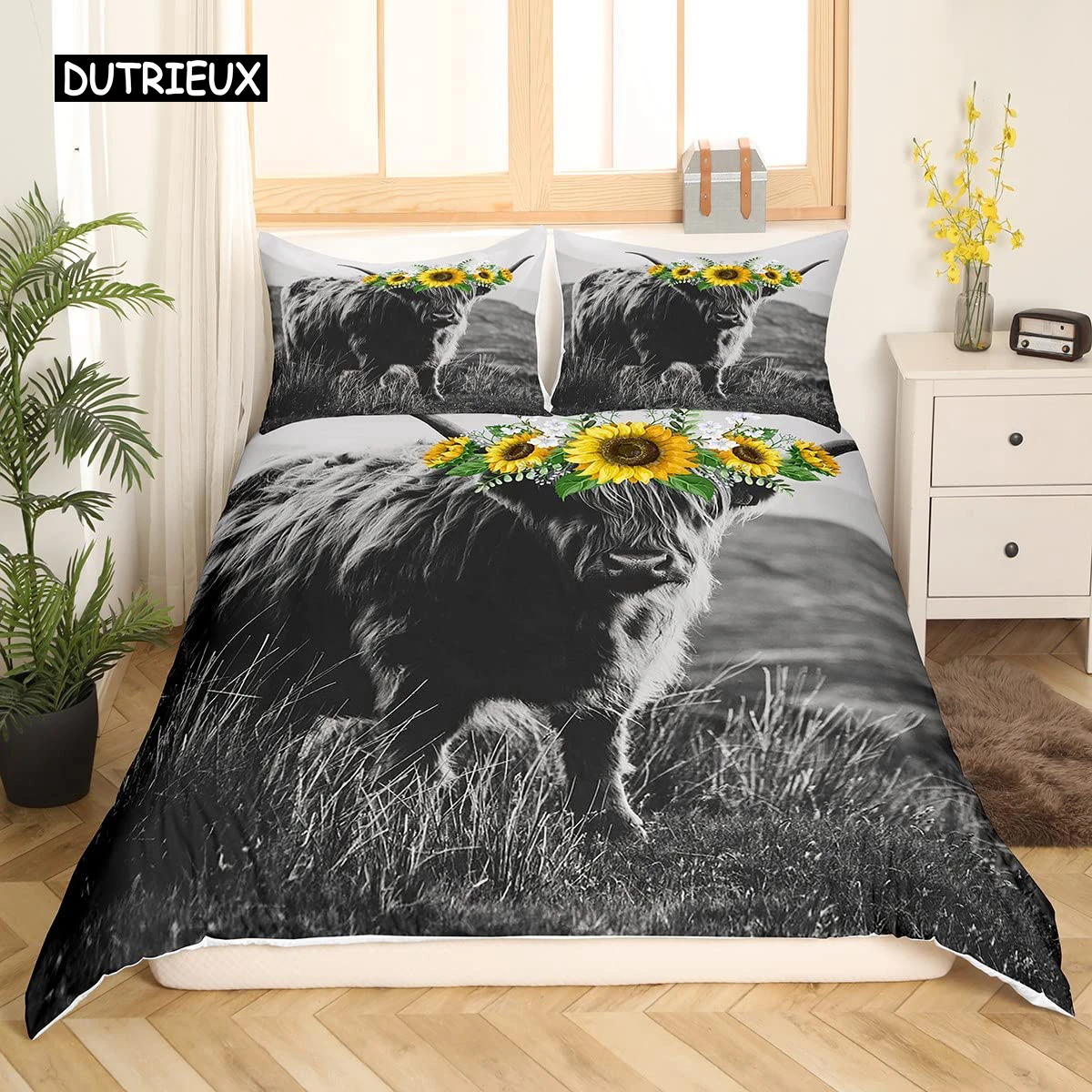 

Highland Cow Duvet Cover Set Twin Size Cattle Flower Bedding Set Yellow Sunflower Western Funny Animal Cow Polyester Quilt Cover