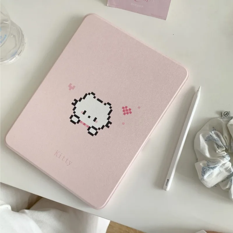 Kawaii Pixel Kitty Cat iPad Case with 360 Rotating Stand and Pencil Holder