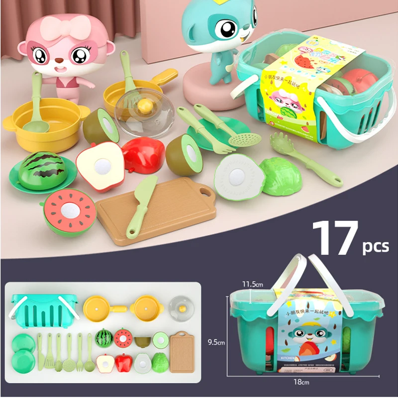 Kids Pretend Play Kitchen Toys Role Play Educational Baby Cutting Fruits Vegetable Kitchen Food Set for Girls Gift 17PCS
