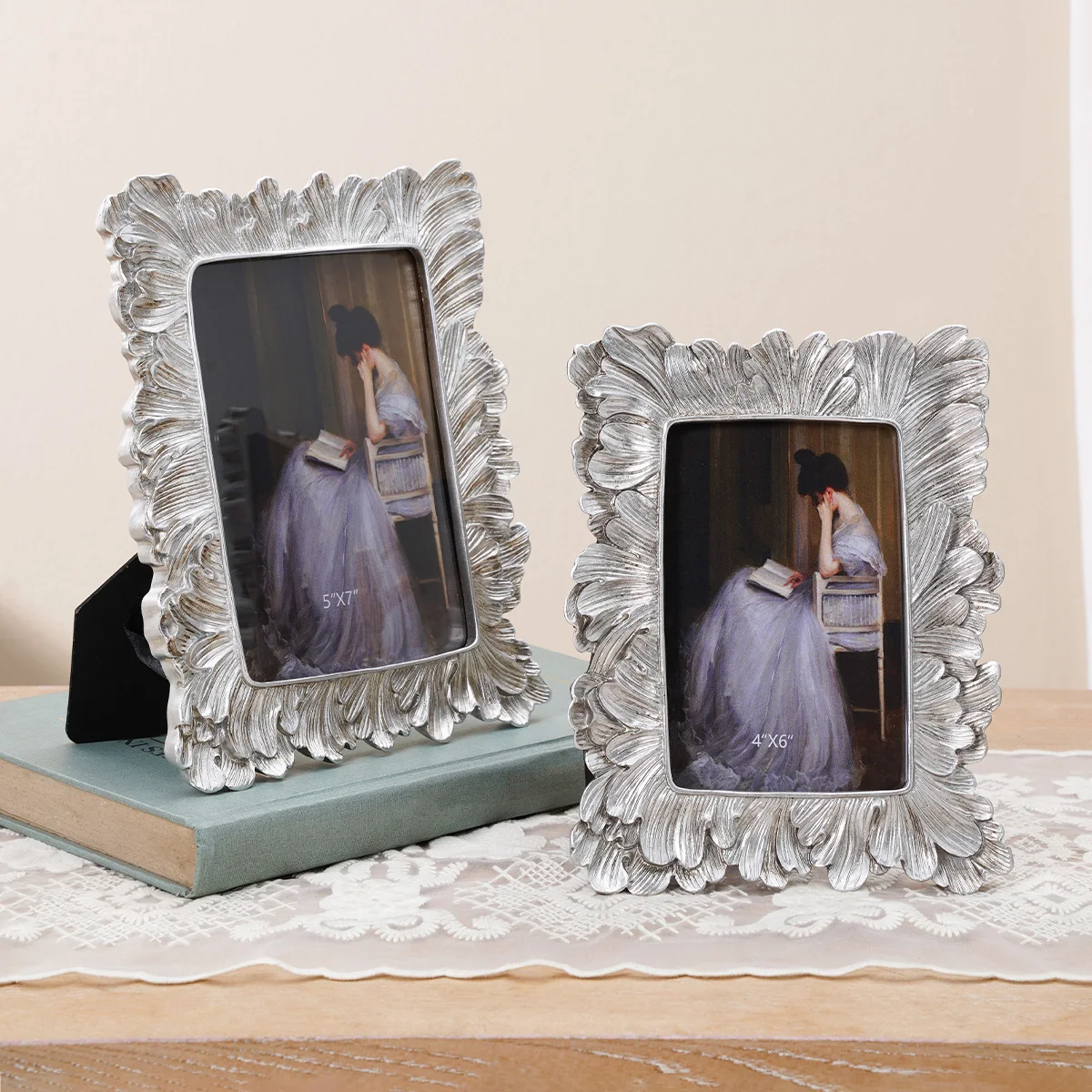 1PC, European-style silver palm leaf lace decorative photo frame, suitable for family photo display and shooting prop decoration