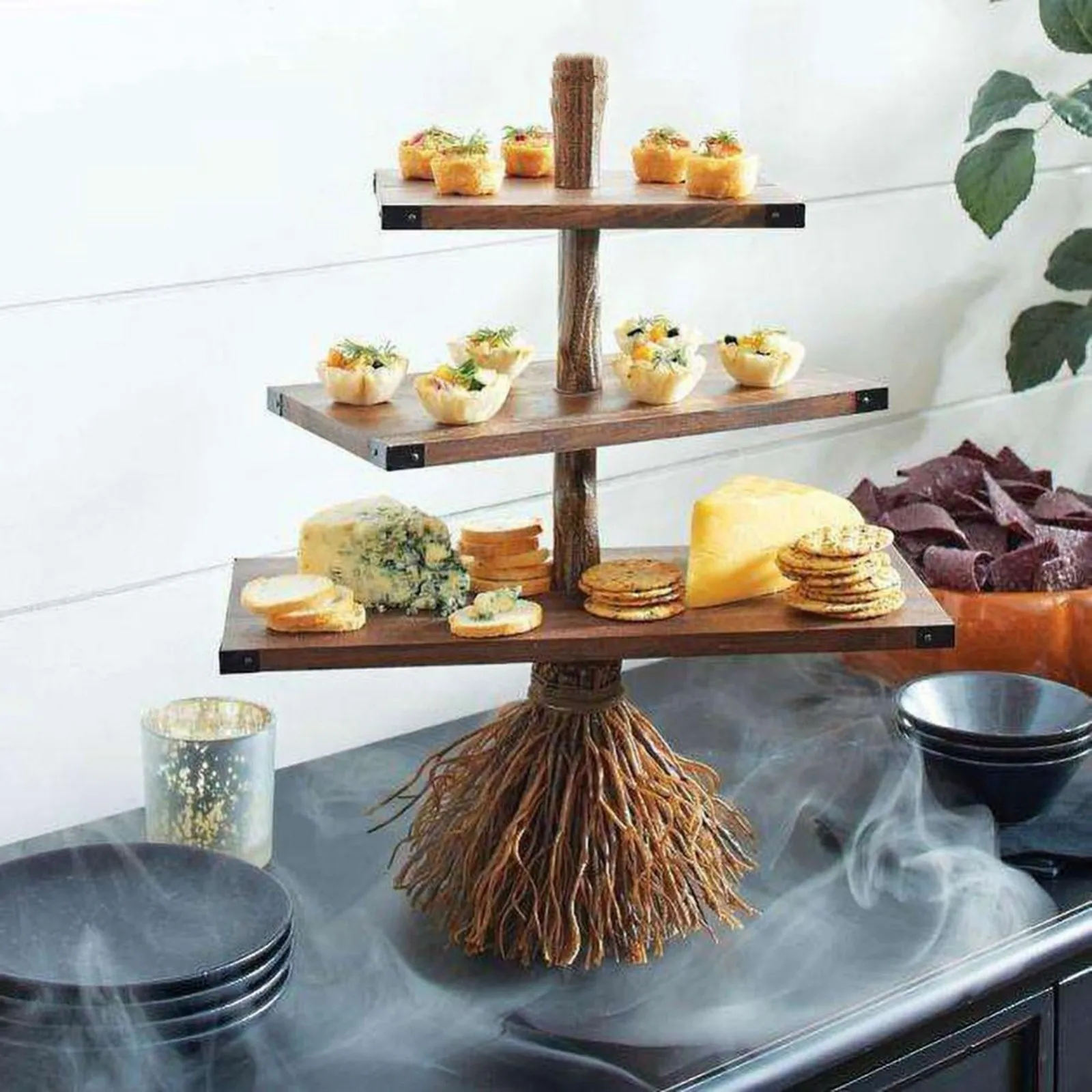 Witch Broom Table Decor Snack Tray Cake Dessert Fruit Stand Halloween
