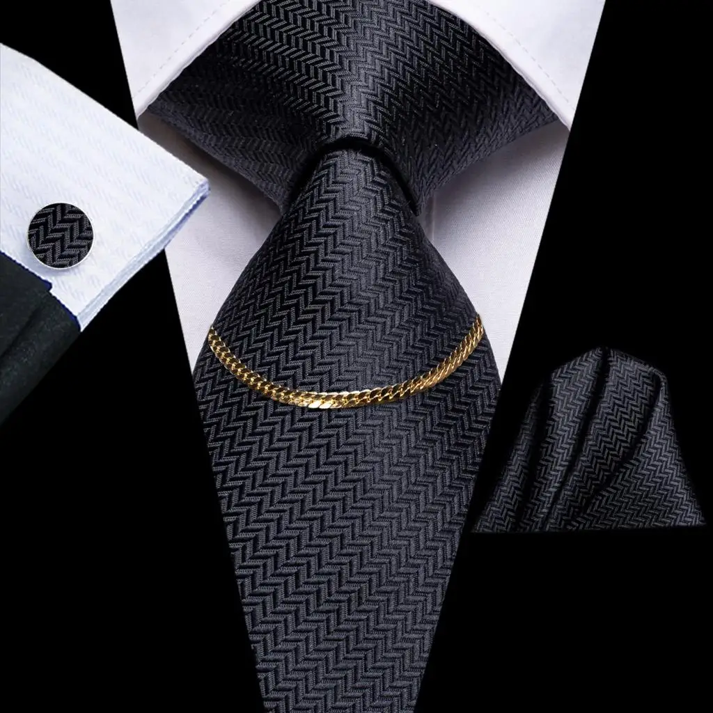 

Hi-Tie классические черные однотонные новые дизайнерские роскошные шелковые мужские галстуки подарок для мужчин галстук модная цепочка для галстука Hanky запонки набор для свадьбы