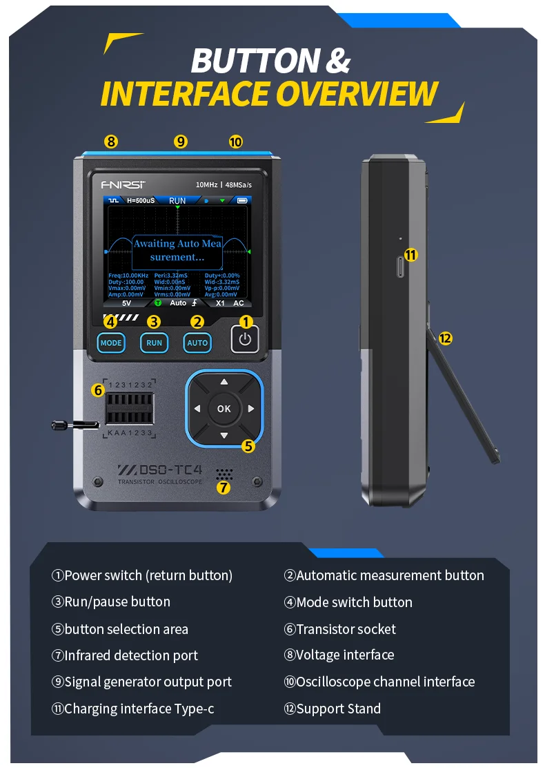 DSO-TC4 Handheld 3-in-1 Digital Oscilloscope, Transistor Tester 10MHz 48Ms/s Ele