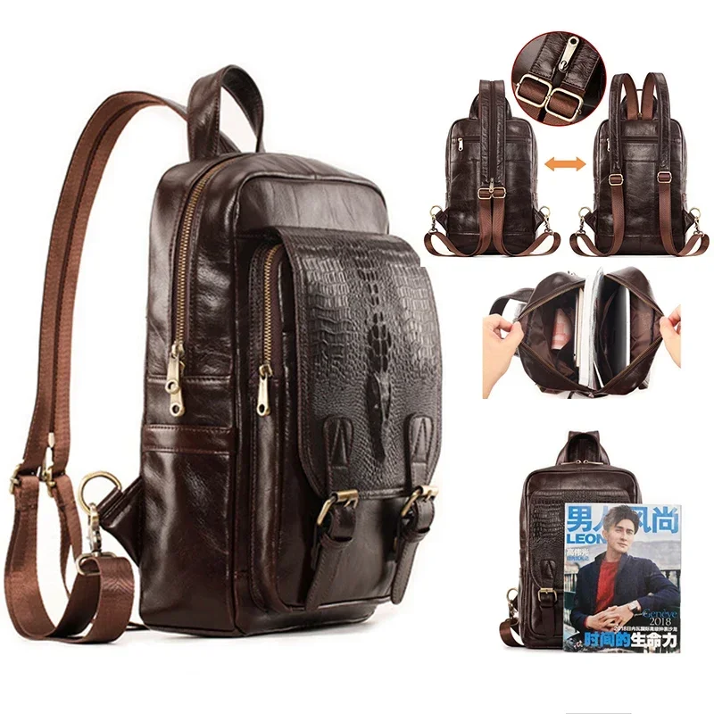 

Genuine Bag Leather Top Sling Women Travel Layer Bag Cowhide Men Backpack Crossbody Female Multifunction For Shoulder Chest Male