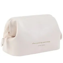 Elegant PU Leather Makeup Pouch and Travel Toiletry Bag (WHITE)