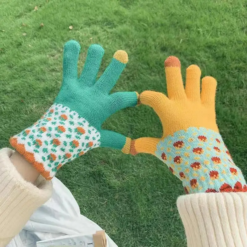 

Winter Texting Gloves Color Contrasting Warm Knit Texting Gloves Elastic Cuff Thermal Texting Gloves Stretch Knitted Cycling