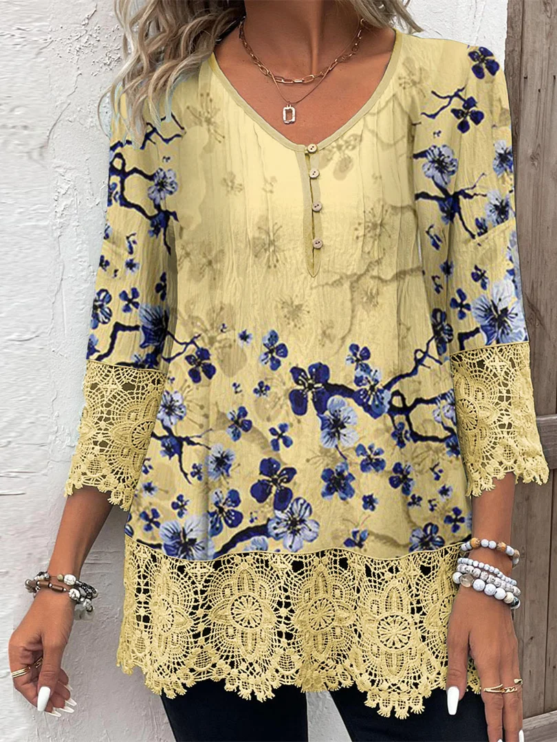 

Plus Size Women 3/4 Sleeve V-neck Floral Printed Graphic Lace Button Tops