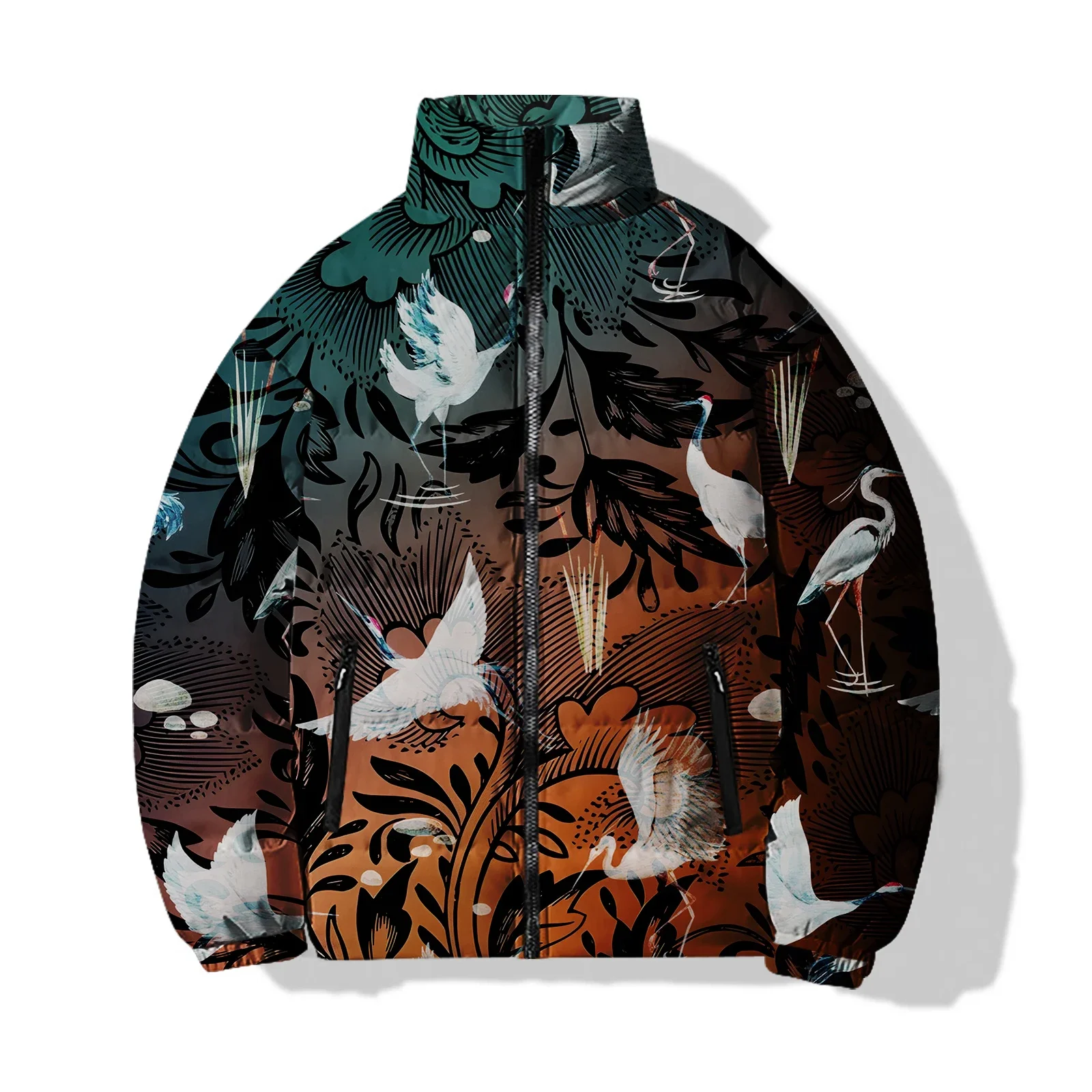 thumbnail image 1 of Parkas con estampado de pájaros personalizadas, ropa elegante con estampado de cuervos para hombre, abrigo de invierno moderno y versátil para hombre, cómodo y cálido, 1 of 5