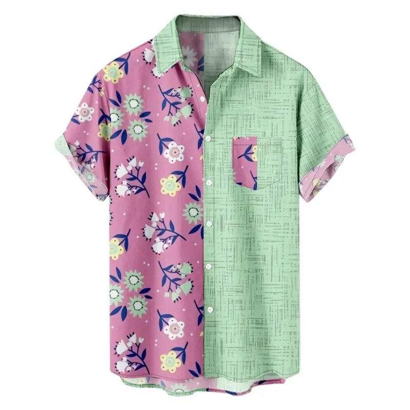 Мужская гавайская рубашка с цветочным принтом, Повседневная пляжная рубашка из полиэстера с нагрудным карманом и короткими рукавами, топы Мужская гавайская рубашка с цветочным принтом, Повседневная пляжная рубашка из полиэстера с нагрудным карманом и короткими рукавами, топы