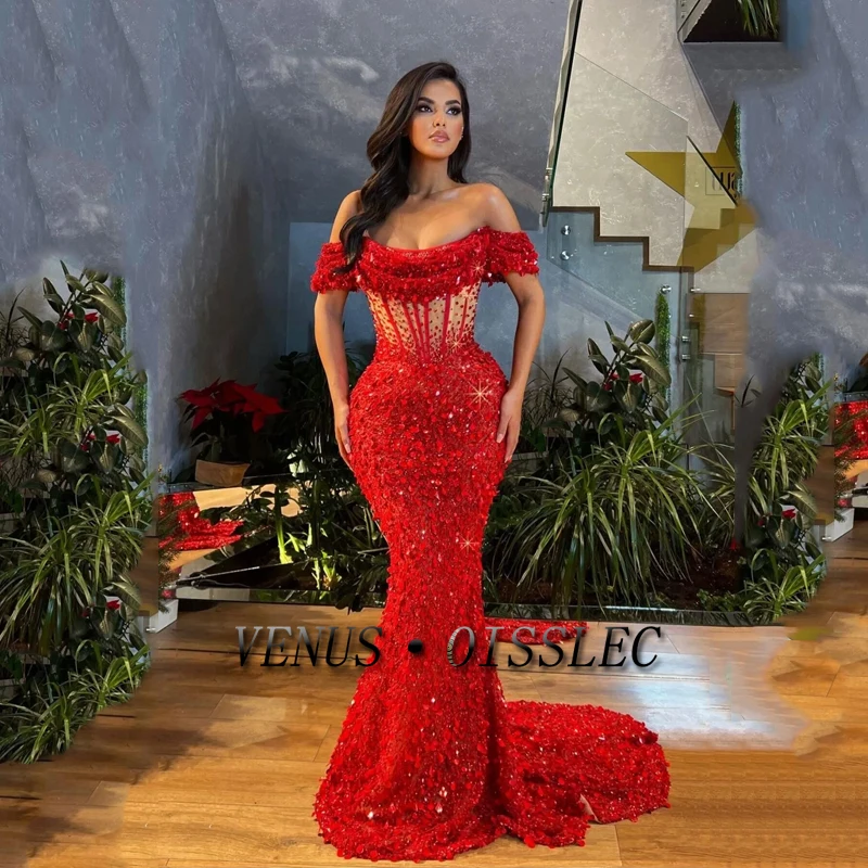 

VENUS Sexy Boat Neck Prom Dresses Red Sparkly Sequined Mermaid Evening Dress Beads Appliques Party Dress فساتين للحفلات الراقصة